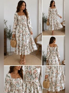 Simplee Floral Cottagecore Dress Medium Smocked Puff Sleeve Garden Party Midi